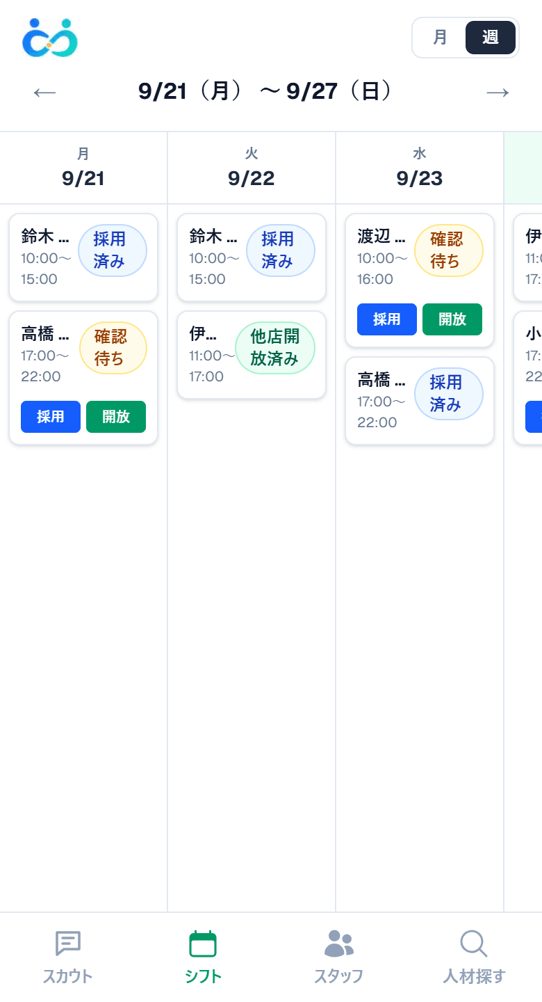 アプリの画面: 店長が週のカレンダーで勤務希望を確認し、採用・開放のボタンで判定している